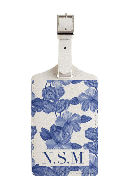 Blue Flowers Leather Tag in White